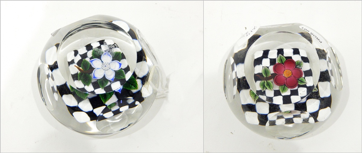 Matched pair of glass paperweights by John Deacons,
