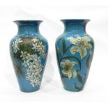 Pair large blue pottery baluster-shaped vases, handpainted orchids and lilies,
