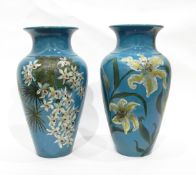 Pair large blue pottery baluster-shaped vases, handpainted orchids and lilies,