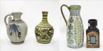 Quantity of studio pottery to include Troika vase, the circular bottle with arched, incised panels,