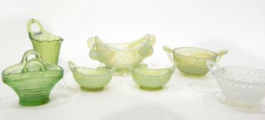 Victorian Sowerby opalescent pressed glass bowl of navette form supported by two swans and