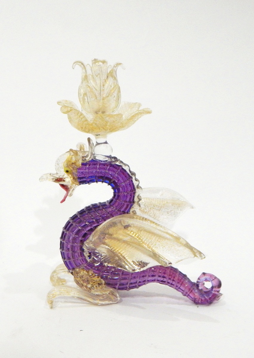 Venetian glass jug with gold decoration, the handle modelled as a dragon, a copper glass comport, - Image 4 of 5