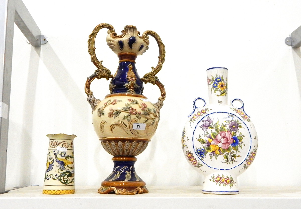 Wilhelm Schiller & Sohn majolica baluster-shaped vase with double-hooped handle,