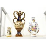 Wilhelm Schiller & Sohn majolica baluster-shaped vase with double-hooped handle,