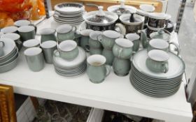 Large quantity of Denbyware, white with sage green rims and detail, including quantity of mugs,