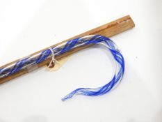 Nailsea glass walking stick with blue spiral decoration,