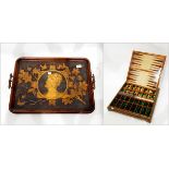 Eastern hardwood chessboard/backgammon set, the interior with counters,