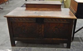 18th century oak coffer, the twin plank top with original staple hinges,