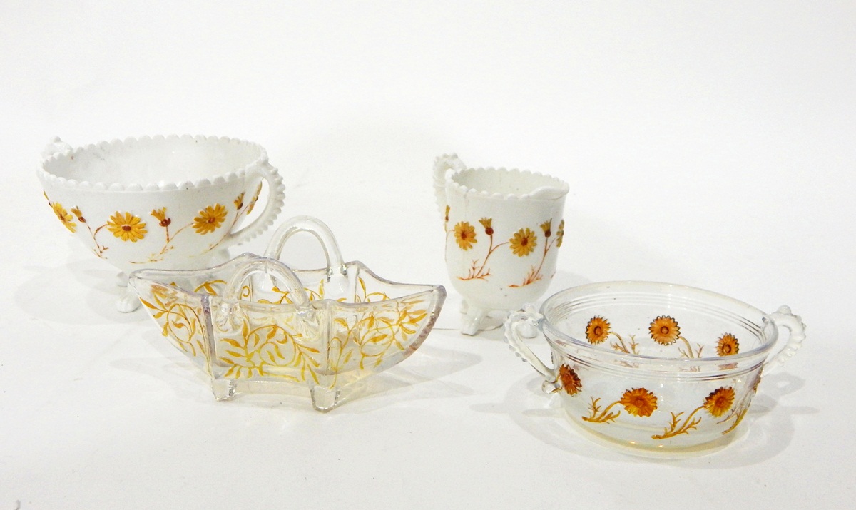 Sowerby stained opaque cream pressed glass two-handled sugar bowl and cream jug,