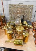 Various brass water sprayers, a watering can, a kettle on a stand, a brass pump,