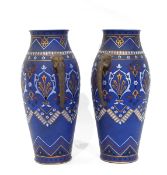 Pair of Mettlach baluster-shaped vases of matt blue ground with incised gilt and enamel