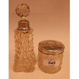 Cut glass dressing table jar with hammered silver cover,