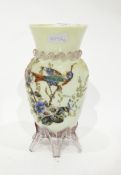 Victorian glass vase, the pale green body encrusted with glass bead decoration,