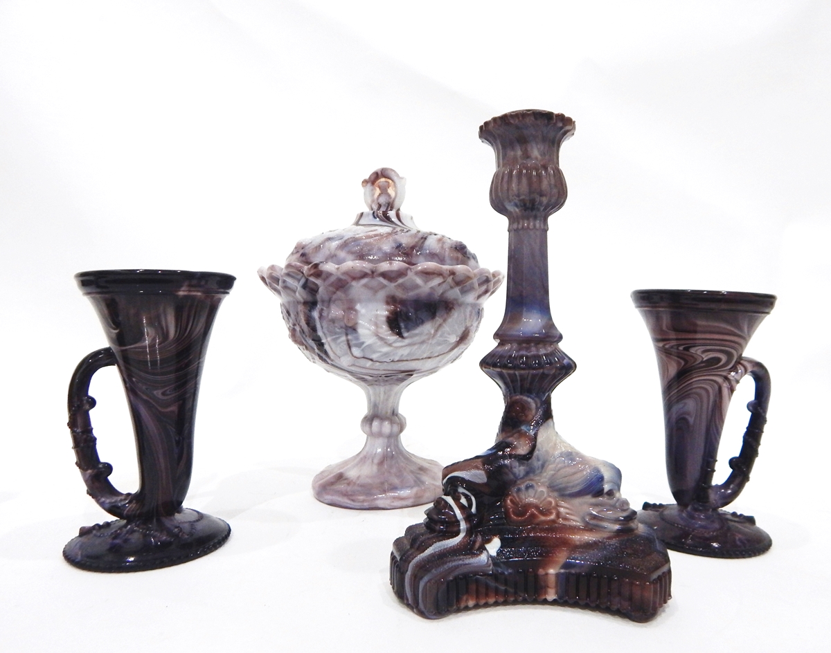 Collection of Victorian moulded purple slag glass including a pair of vases,