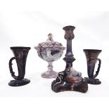 Collection of Victorian moulded purple slag glass including a pair of vases,