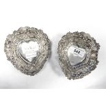 Pair of Victorian silver shaped heart trinket dishes,