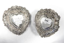 Pair of Victorian silver shaped heart trinket dishes,