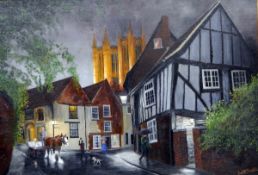 Keith Heaton (20th century) Two oil on canvases Street scene with cathedral towers beyond,