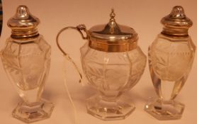 Three-piece glass condiment set with silver mounts, Chester 1928,
