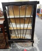 Display cabinet with glazed sides and front panel door, raised on short cabriole legs,