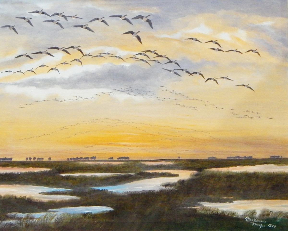 Mackenzie Thorpe (Kenzi The Wild Goose Man) (1908-1976) Oil on canvas Geese flying home at sunset