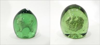 Victorian green glass dump paperweight with internal decoration of a dog, approx.