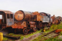 Keith Heaton (modern) Oil on canvas Abandoned railway locomotives from The East Kent Railway,