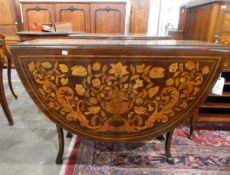 19th century mahogany and floral satinwood inlaid drop-leaf dining table with overall floral