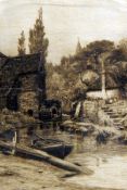 Wilfred Ball (1853-1917) Etching Mill scene with figures by a cottage and boat in foreground,