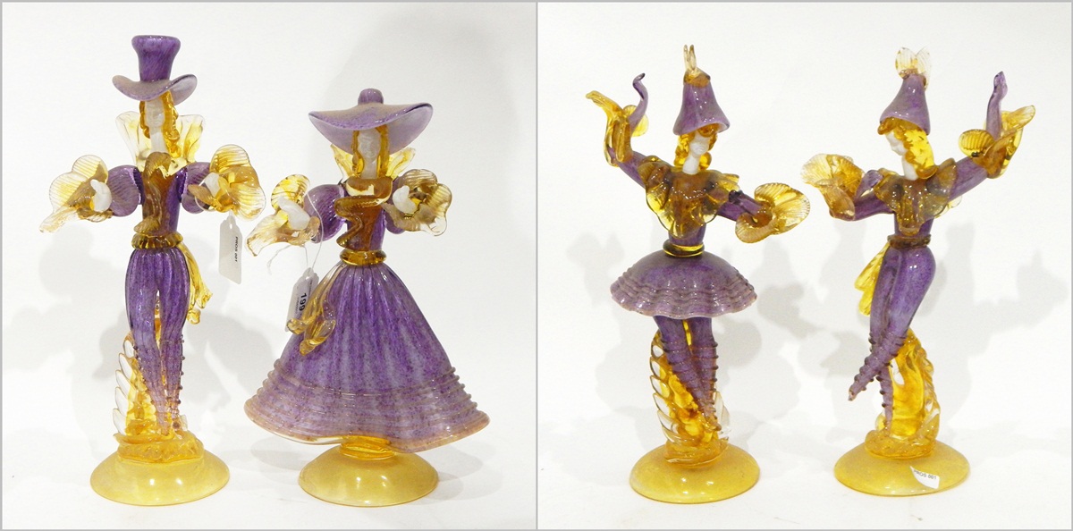 Set of four Murano glass figures by Franco Toffolo, in elaborate purple dress with gold detailing,