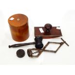 Old 'Perfect' scissor-action corkscrew, ebony gavel, mahogany blotter, string box, etc.