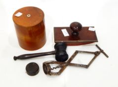 Old 'Perfect' scissor-action corkscrew, ebony gavel, mahogany blotter, string box, etc.