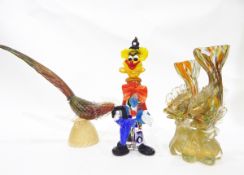 Murano glass figure of a clown, 31cm high, a Murano glass model of two fish on the crest of a wave,