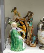 Collection of majolica items including Wilhelm Schiller & Sohn spill vase with relief pattern