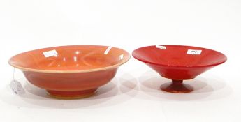 1920's marbled orange glass bowl of circular form, 28cm diameter, another similar pedestal bowl,