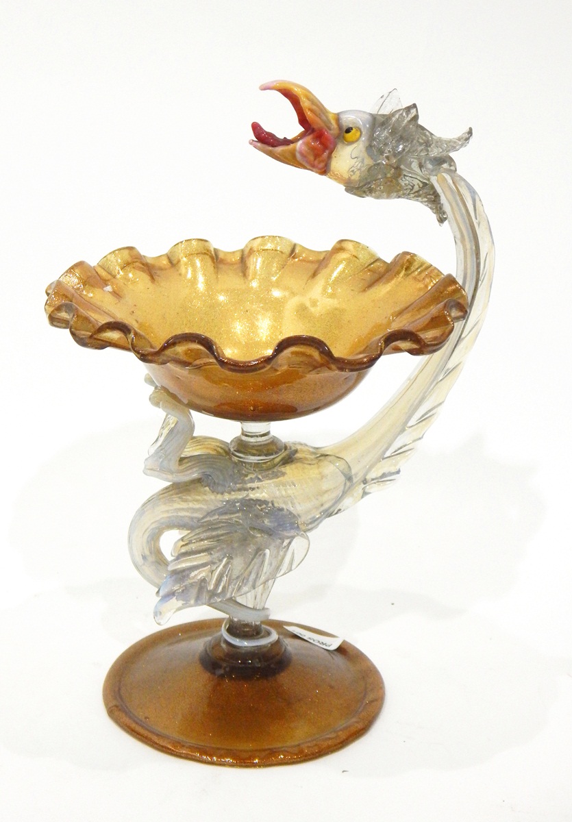 Venetian glass jug with gold decoration, the handle modelled as a dragon, a copper glass comport, - Image 3 of 5