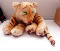 Large Steiff plush tiger with very green eyes (tail has got some wear and the nose stitching is