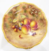 Pair of 20th century Royal Worcester plates with gilt shaped gadrooned border, handpainted grapes,