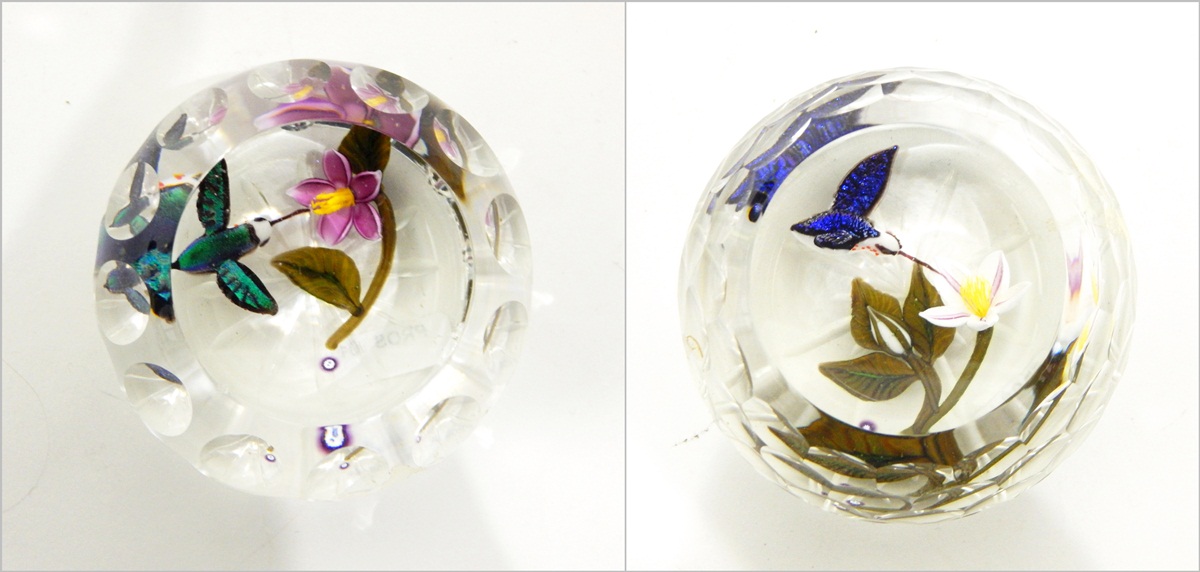 Two glass paperweights by John Deacons, each of circular form with faceted panels,