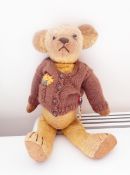 Vintage mohair teddy with glass eyes with a 1902 coronation medal pinned to his brown cardigan