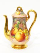 Mid 20th century Royal Worcester porcelain baluster-shaped coffee pot with gilt moulded handle,