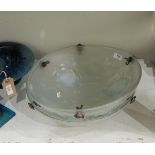 Pair of moulded frosted glass plafonnier ceiling lights of circular form decorated with opalescent