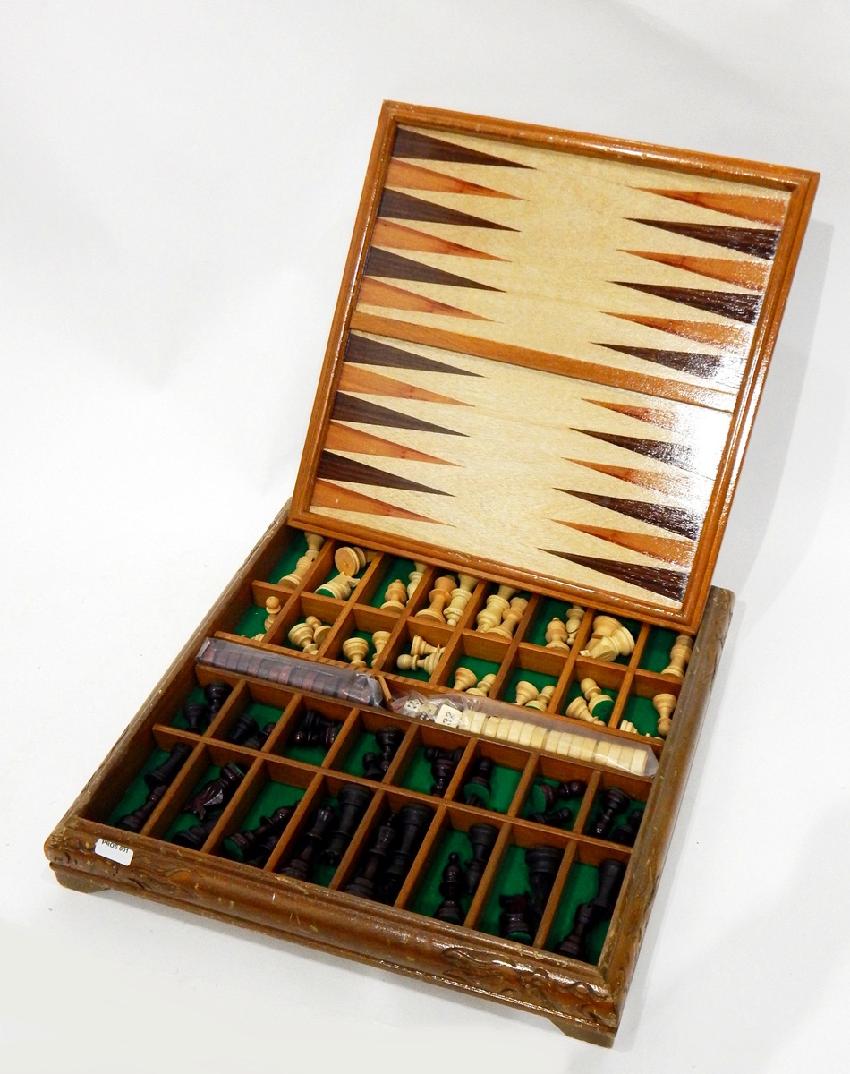 Eastern hardwood chessboard/backgammon set, the interior with counters, - Image 3 of 3