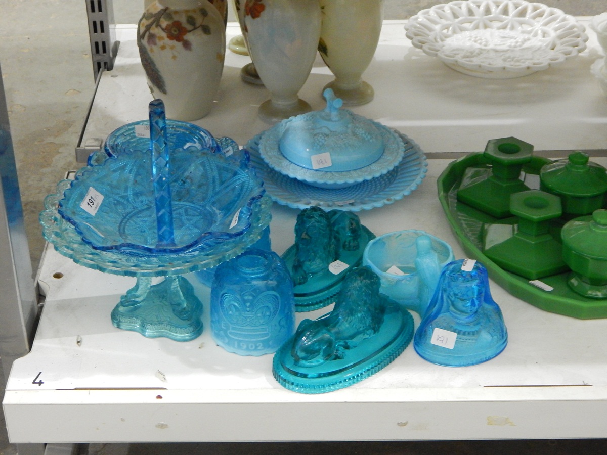 Quantity of Victorian and later blue pressed glass including a bust of Queen Victoria by Thomas