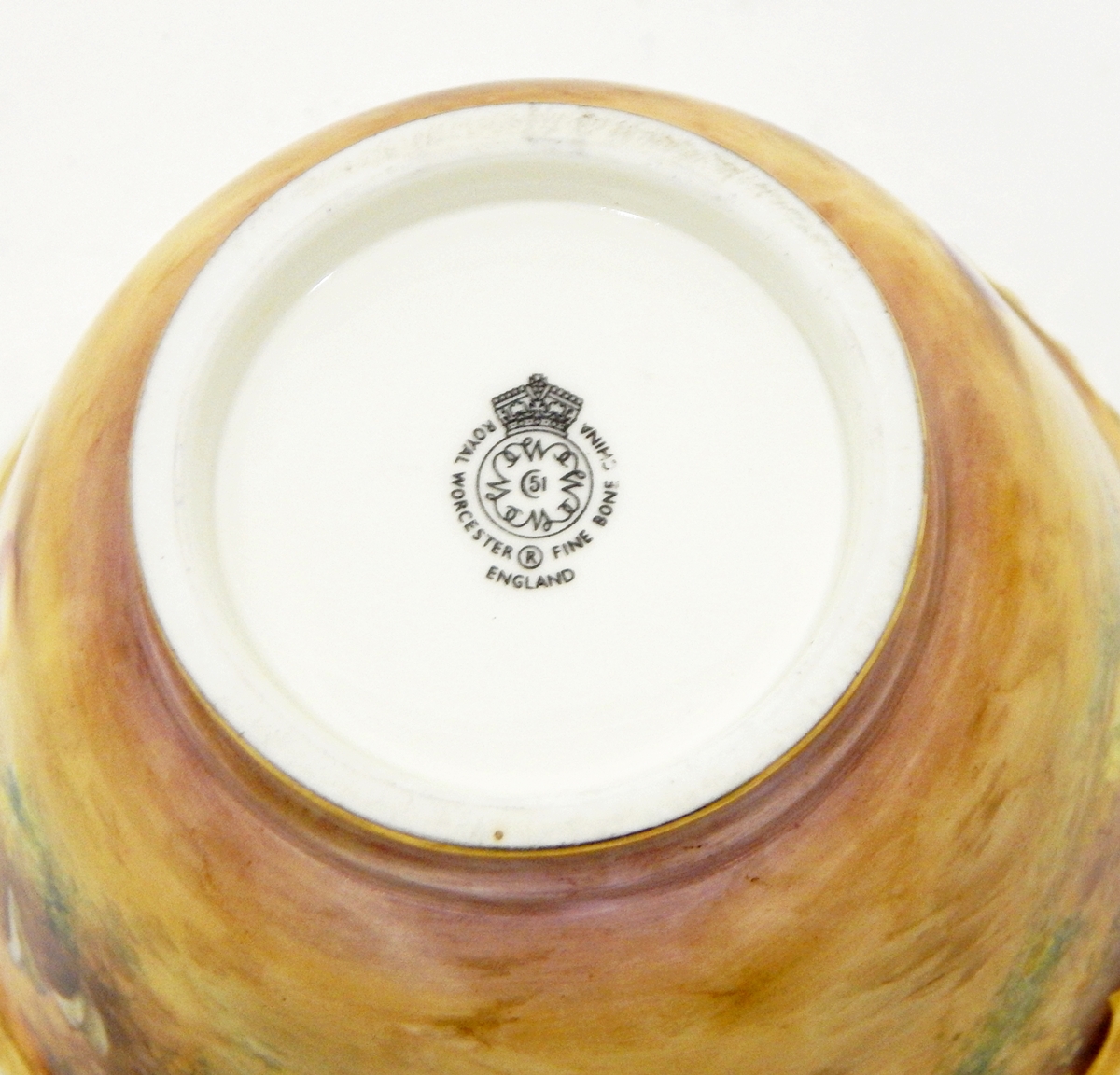 20th century Royal Worcester china jug of oblate baluster form with gilt handle and gadrooned rim - Image 4 of 7
