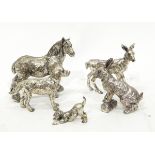 Collection of silver plated animal models including rabbit, cart horse, donkey, etc.