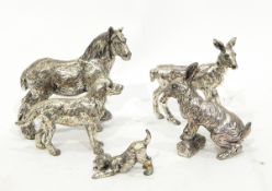 Collection of silver plated animal models including rabbit, cart horse, donkey, etc.