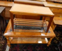 Rectangular top coffee table with inset glass panel, canework panelled shelf below, on turned legs,