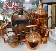 Copper and brass tea urn, a copper coal scuttle,