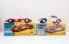 Corgi Toys Ferrari Formula 1 154, boxed and Mercedes Benz 300SL Roadster, chrome finish,